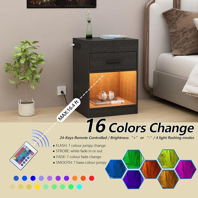 Auromie Nightstand with Charging Station and LED Lights, Concealment Furniture - Image 6