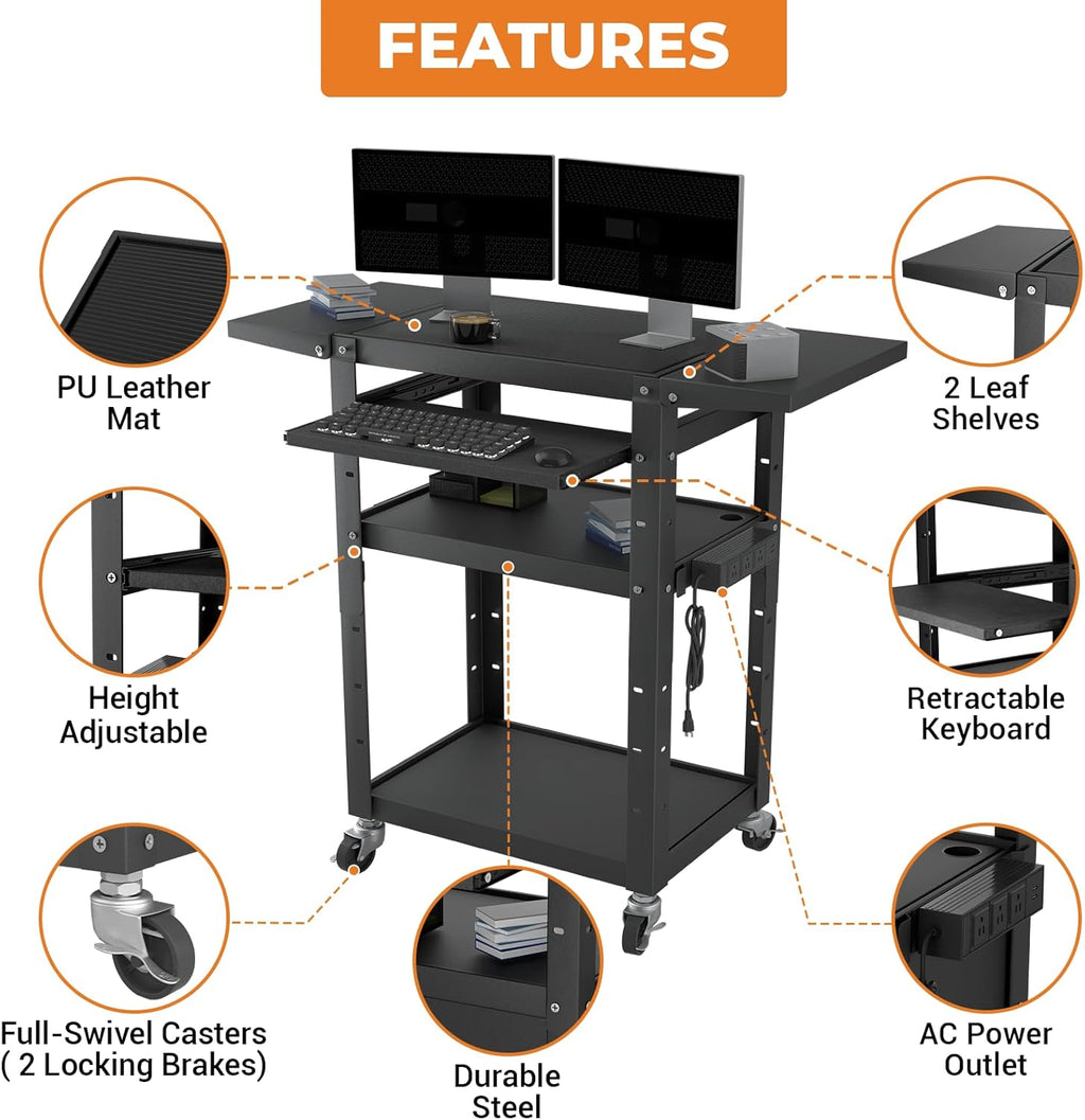 Mobile AV Cart with Pullout Keyboard Tray, Rolling Computer Cart