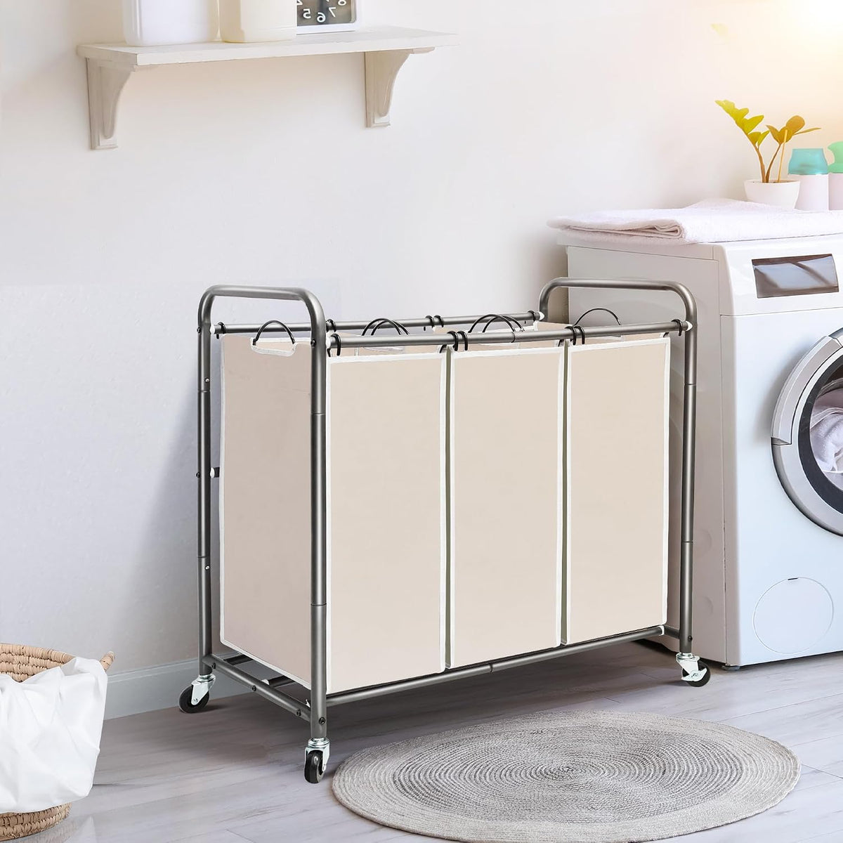 Laundry Sorter 3 Section, 3 Bag Clothes Hamper, Rolling Laundry Cart