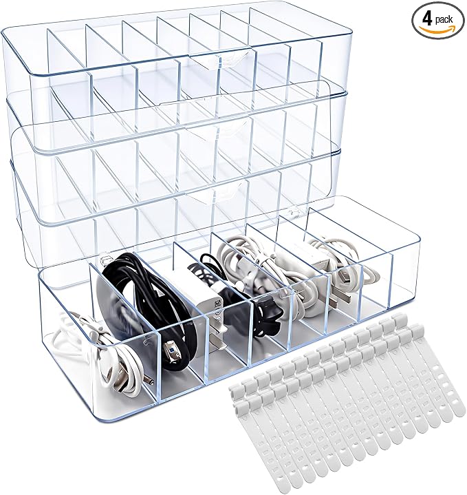Cheardia 4 Pack Cable Storage Organizer, 10 In Plastic Cord Storage Box by Cheardia