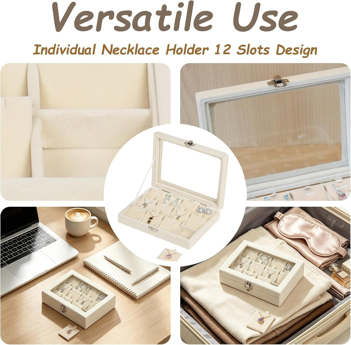 Jewelry Box Necklaces Organizer Beige 12 Slots, Pendants Display for