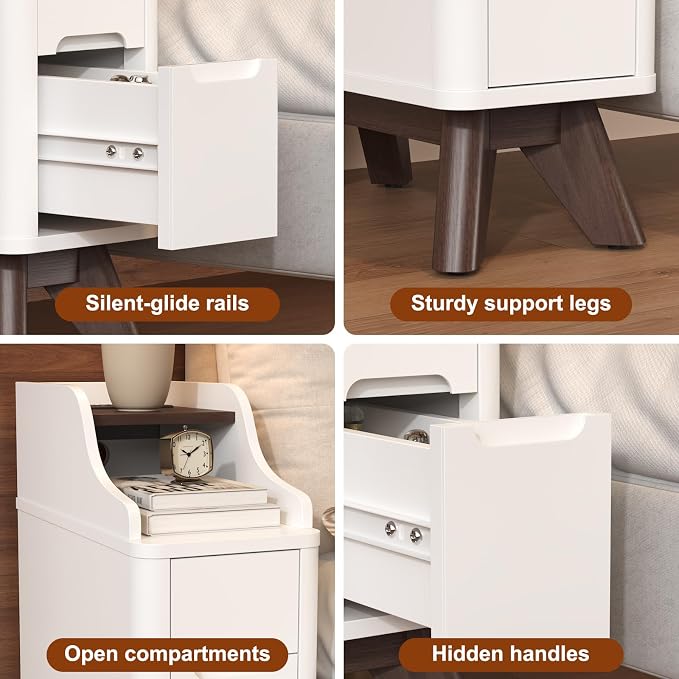 Narrow Nightstand with Drawers, Wood Night Stand with Charger Station, Narrow - Image 5