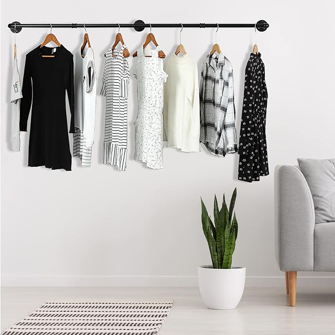 Industrial Pipe Clothes Rack, Heavy Duty 60inch Iron Garment Rack Wall Mounted - Image 6