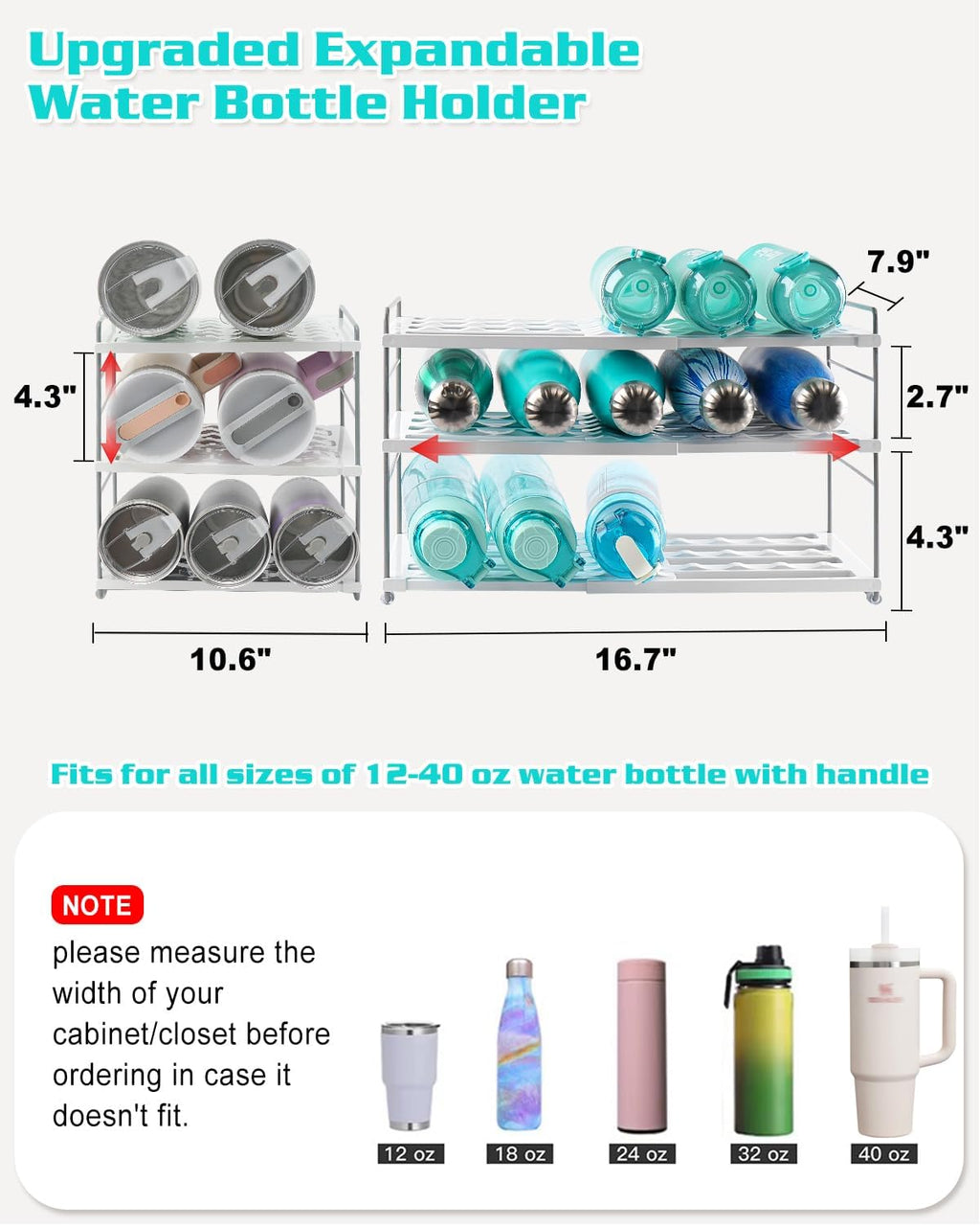 Cirhy 3-Tier Expandable Water Bottle Organizer Holder for 12-40oz