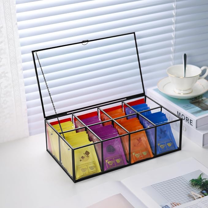 Glass Tea Bag Organizer with 8 Compartments, Handmade Large Tea Bag Storage Box - Image 6