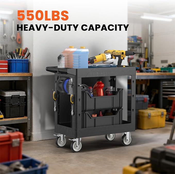 2 Tier Plastic Rolling Utility Cart on Wheels, Heavy Duty Tool Cart - Image 4