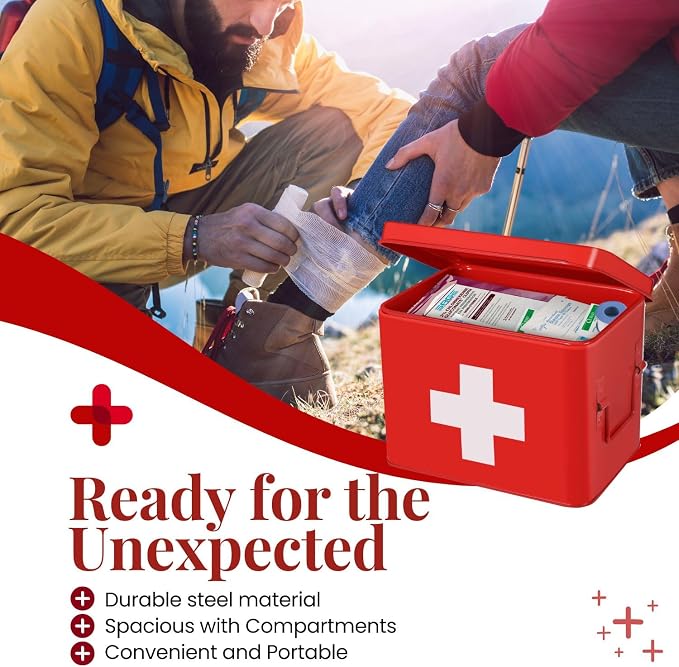 Flexzion First Aid Box Organizer, Empty 8.5 Inch Red Vintage First Aid Kit Tin - Image 4