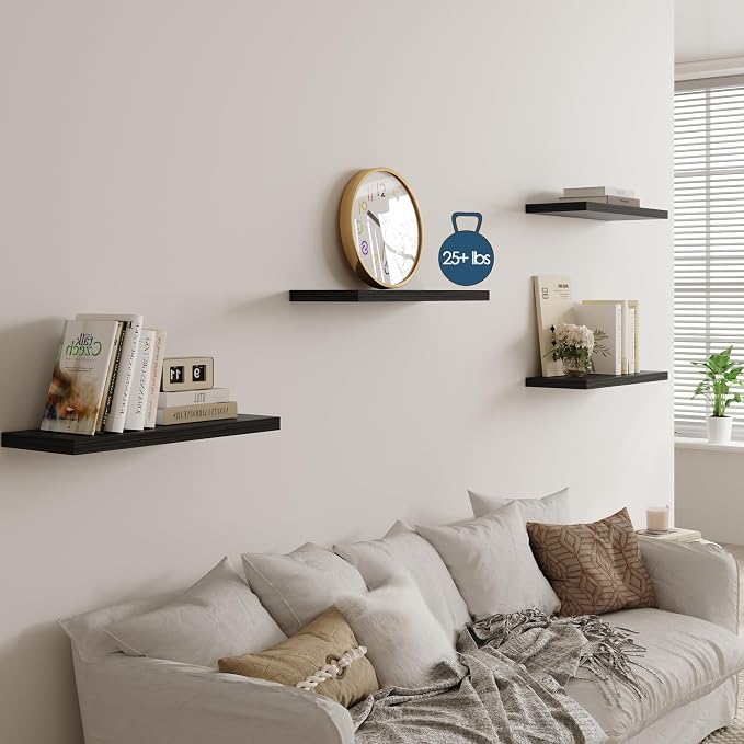 Wall Shelf Set of 3, Dark Wood Floating Shelves 24 in W x 10 in D x 1 in H - Image 2