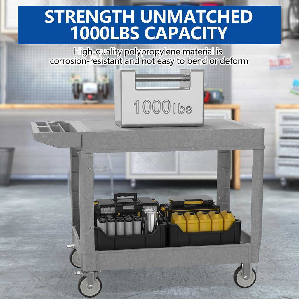 Large Garage Flat Top Utility Cart, Heavy Duty 2 Shelf Tool Cart