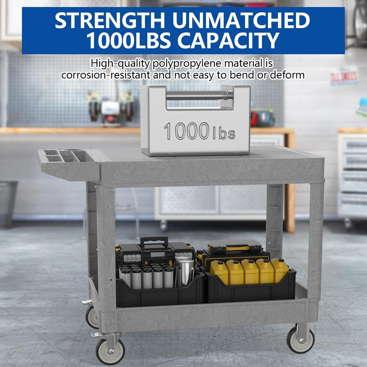 Large Garage Flat Top Utility Cart, Heavy Duty 2 Shelf Tool Cart