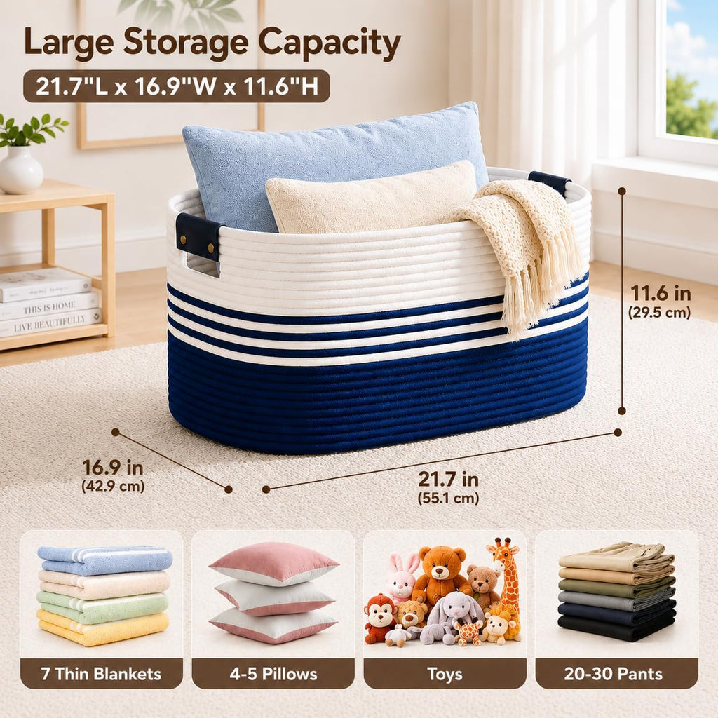 DOFASAYI Laundry Hamper, 72L Cotton Rope Laundry Basket, Dark Blue &