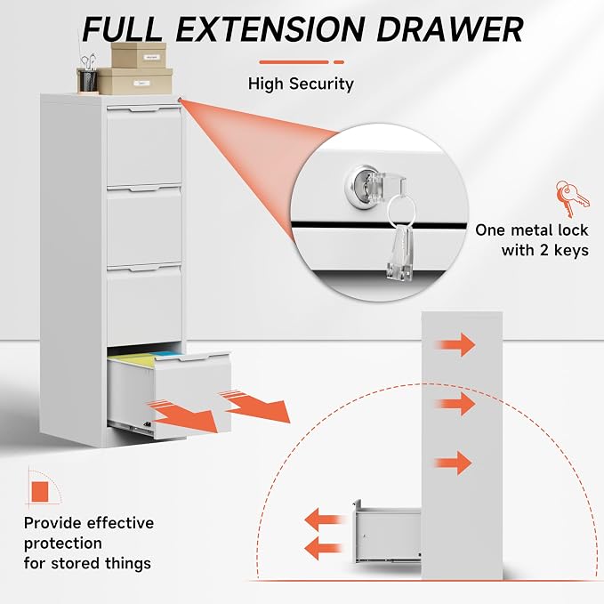4 Drawer File Cabinet with Lock, 17.8" Deep Metal Filing Cabinet, Vertical File - Image 3