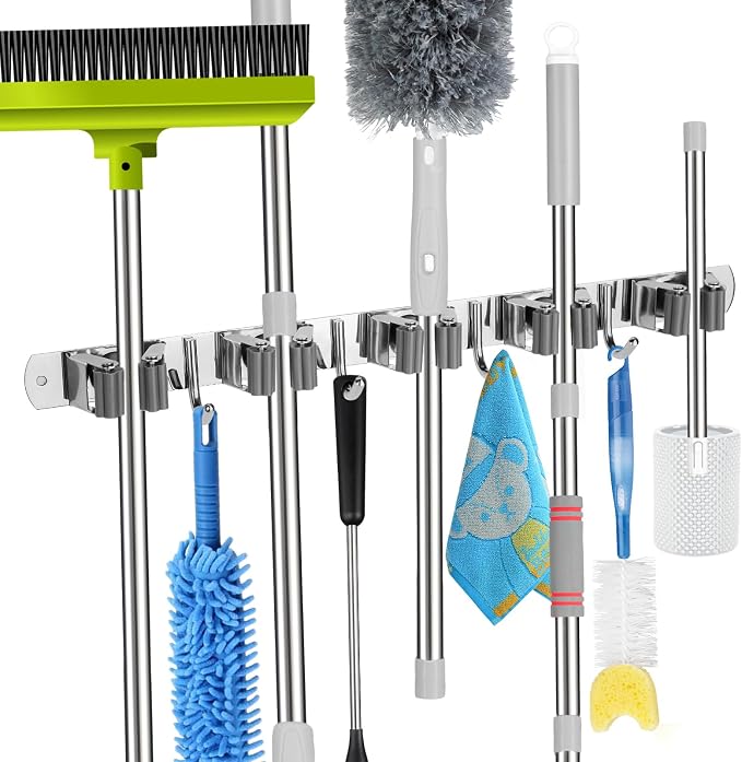 voze 5 Racks and 4 Hooks Mop and Broom Holder Wall Mount, Self Adhesive Heavy by voze