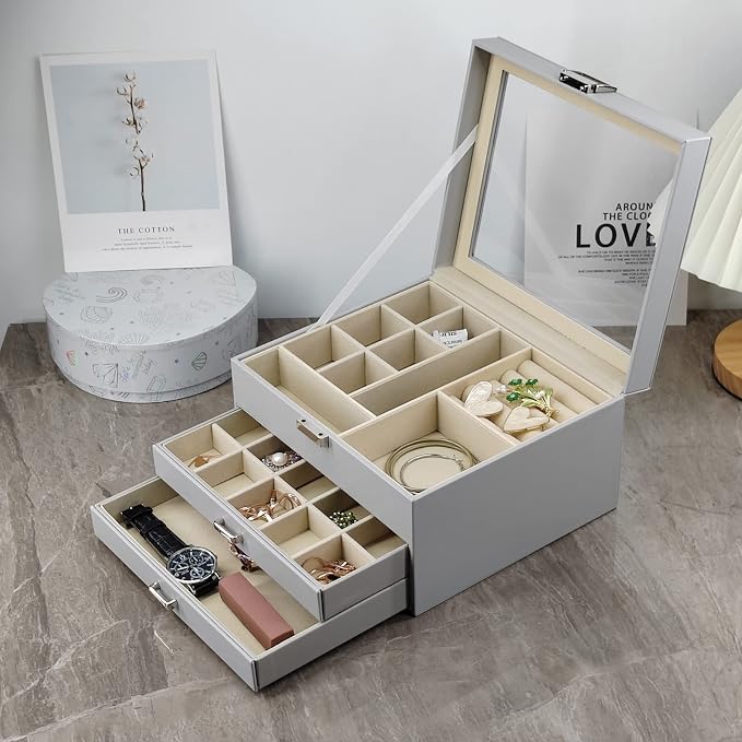 BOOVO Clear Lid Jewelry Box, 3 Layers Jewelry Organizer Large Multi-Functional - Image 8