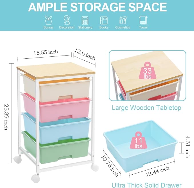 Utility Cart with 4 Drawers, Rolling Storage Cart with Drawers, Storage Rolling - Image 3