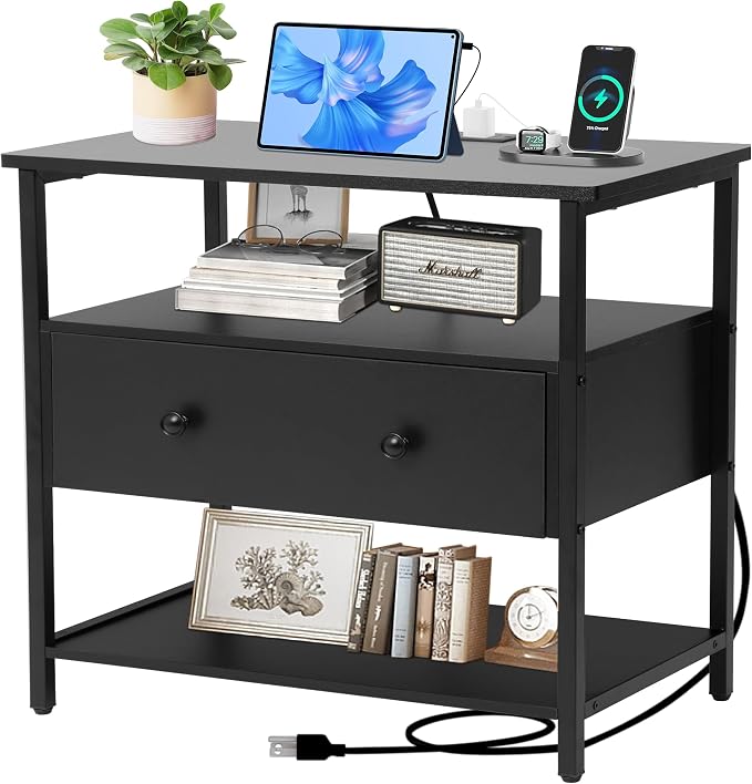 27 Inch Wide Night Stand with Charging Station, Wood Nightstand with Open Shelf by Edbuosy