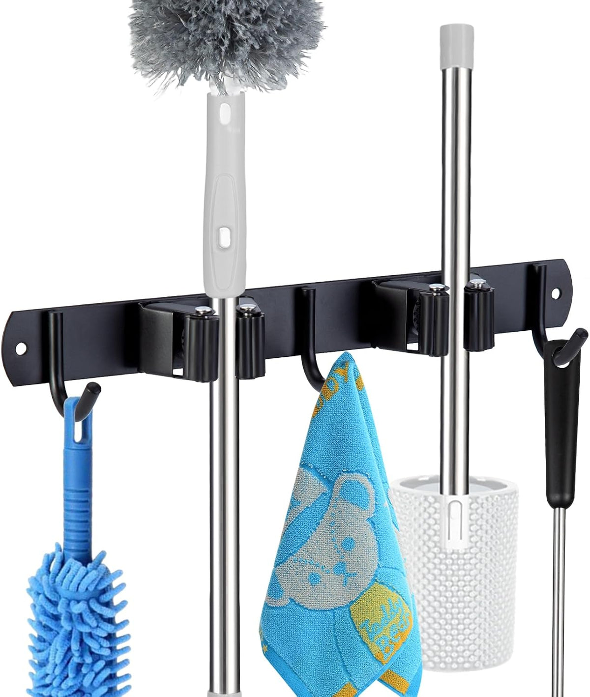 voze 2 Racks and 3 Hooks Mop and Broom Holder Wall Mount, Self