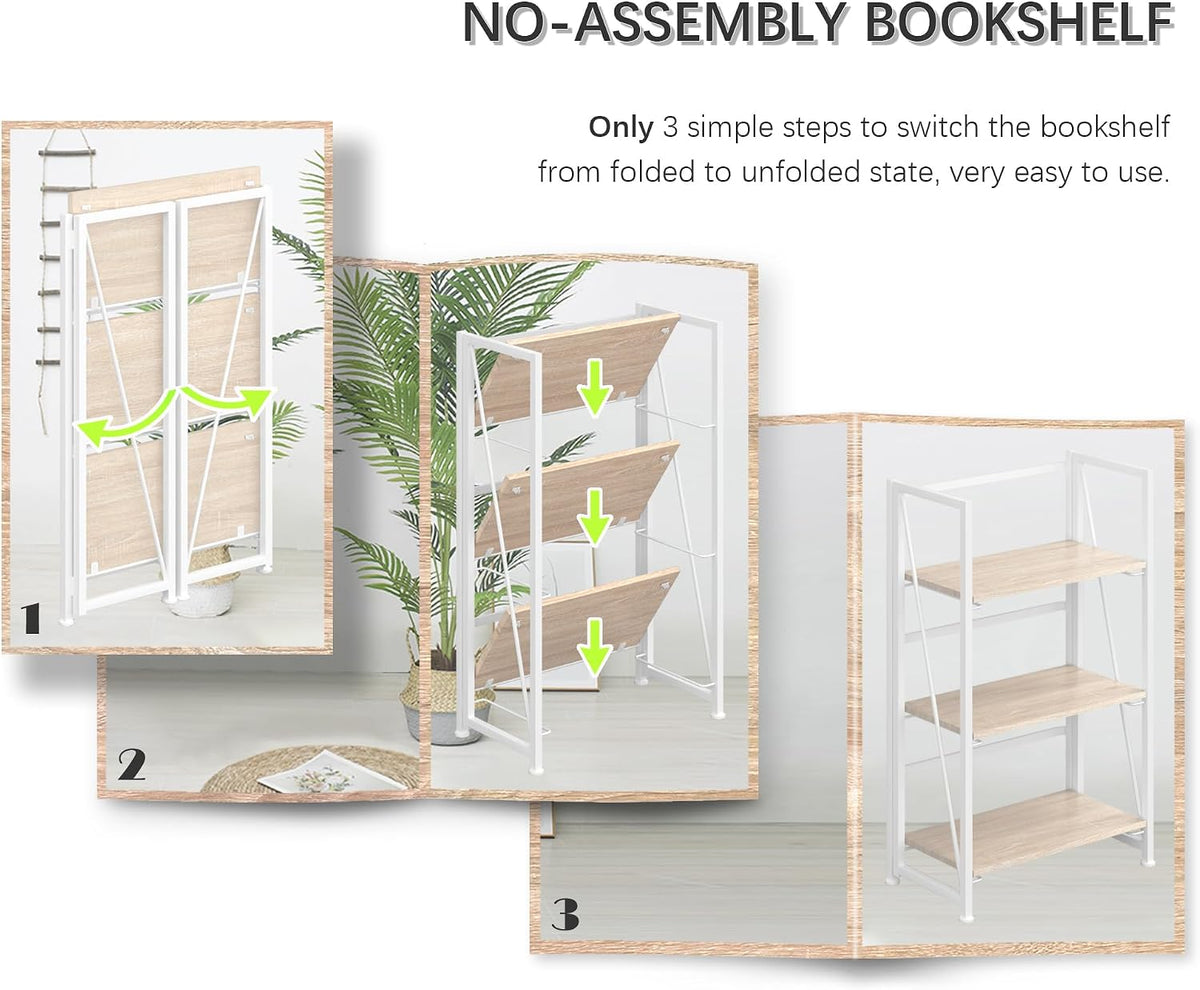 No Assembly Folding Bookshelf Storage Shelves 3 Tier Vintage Bookcase