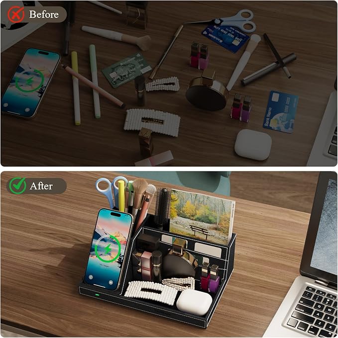 TopMade Wireless Charger Desk Nightstand Organizer, Leather Pen Holder Office - Image 2