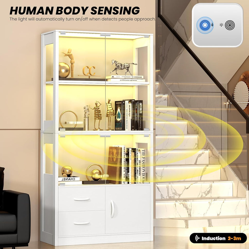 Display Cabinet with Glass Doors and 2 Drawers, 3-Color Lights, White