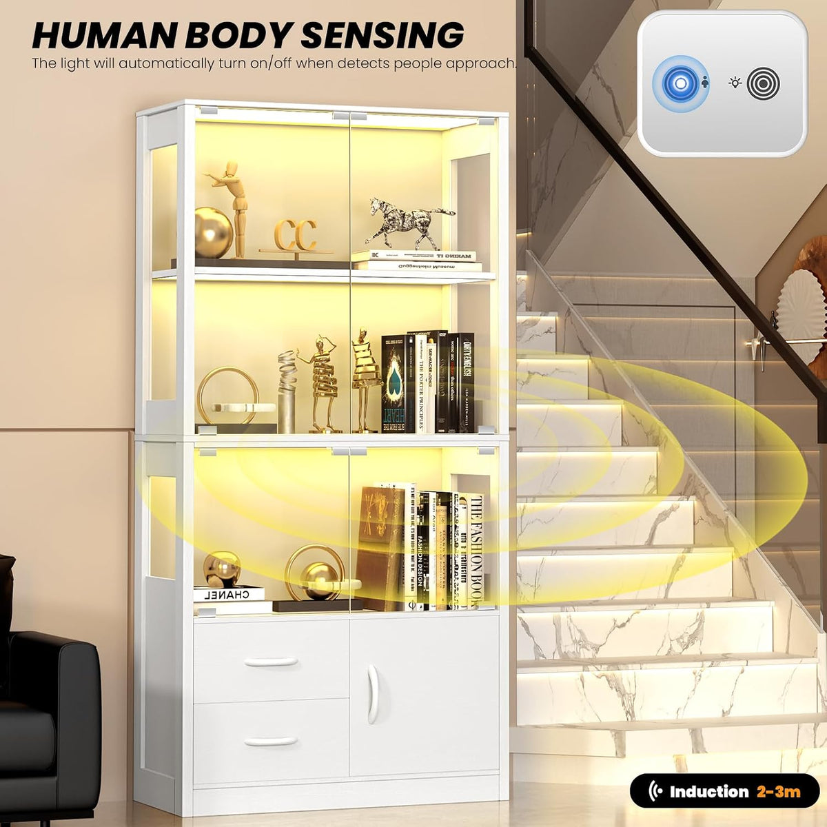 Display Cabinet with Glass Doors and 2 Drawers, 3-Color Lights, White