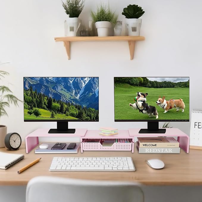 Dual Monitor Stand Riser with Drawer, Desk Organizer and Accessories, Desktop - Image 3
