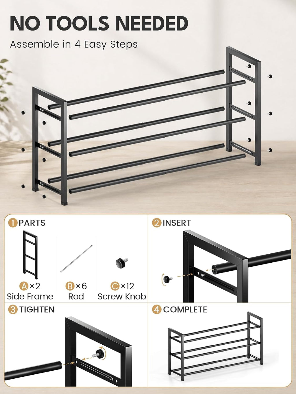 3 Tier Expandable Shoe Rack for Closet, Black