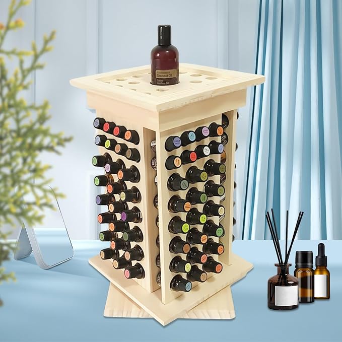 Rotating Essential Oil Rack, 104 Holes Cosmetic Display Cases, Wooden Essential - Image 3