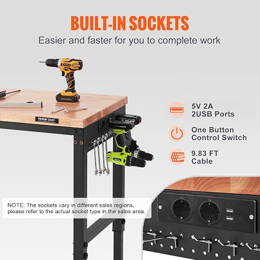 VEVOR Workbench for Garage 72" Adjustable Workbench, Heavy-Duty Hardwood - Image 5