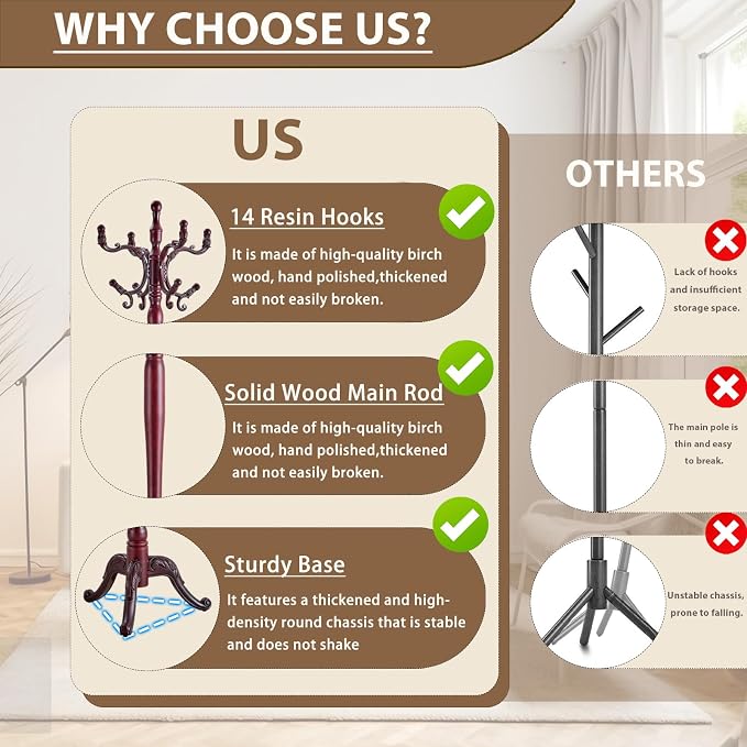 Solid Wooden Coat Rack Stand, Coat Racks Freestanding - Image 4