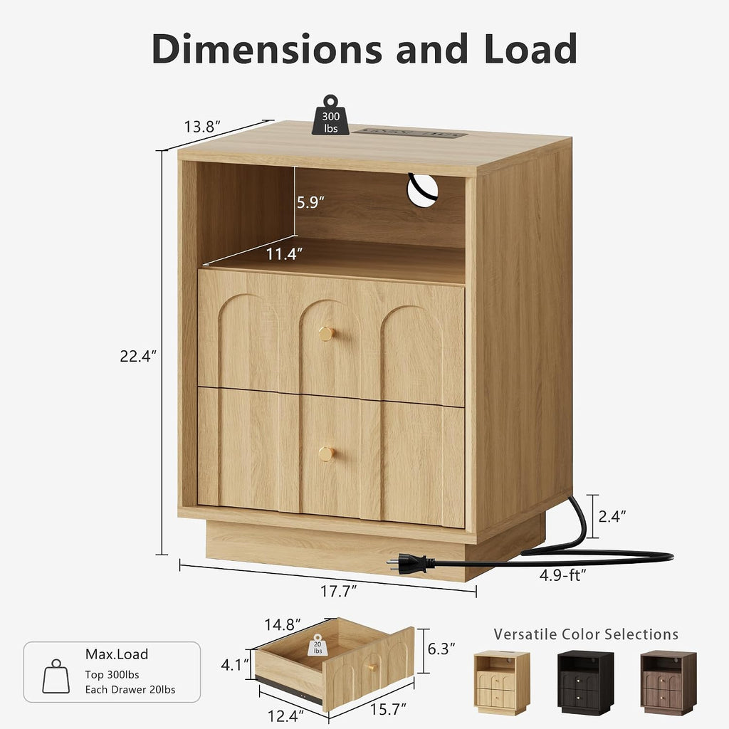17.7" Nightstand with Charging Station, Arched Design, Oak