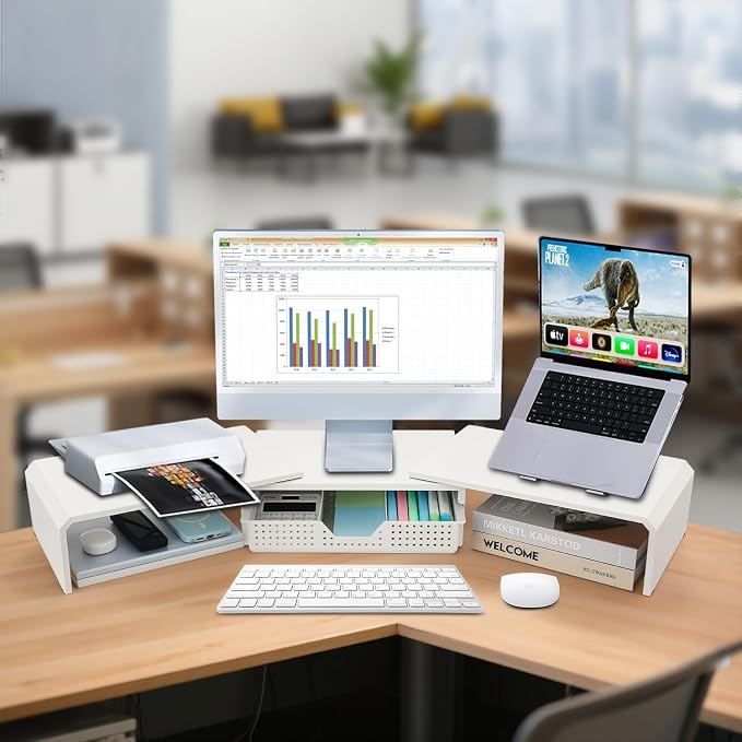 Dual Monitor Stand Riser with Drawer, Desk Organizer and Accessories, Metal - Image 2