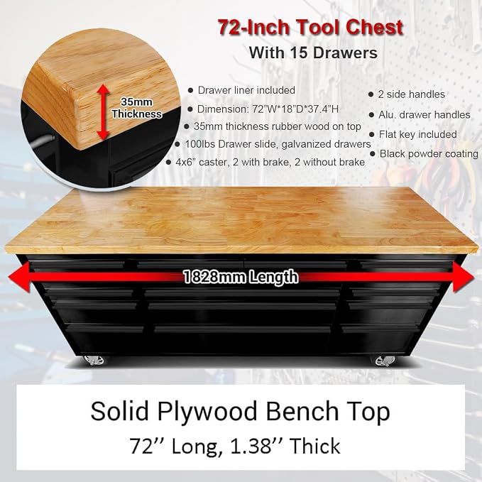 72" Rolling Tool Chest with 15 Drawers, Lockable Storage Cabinet, Assembled - Image 2
