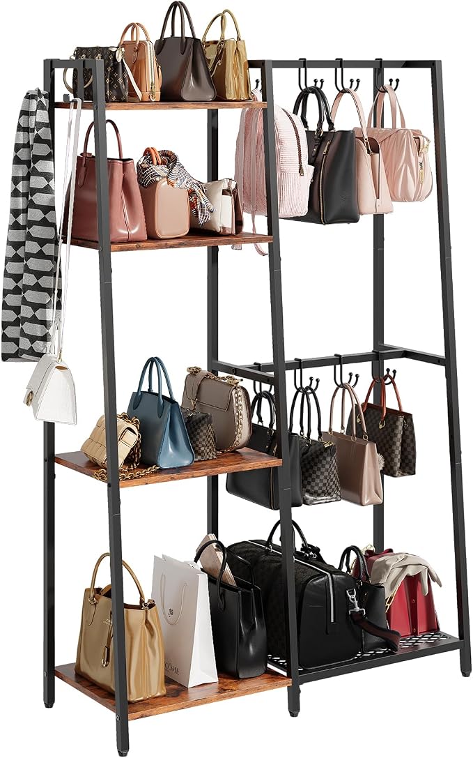 Purse Storage Organizer for Closet, 4-Tier Iron Wood Purse Rack, 8 Purse Hooks by HAVENLYYOUTH