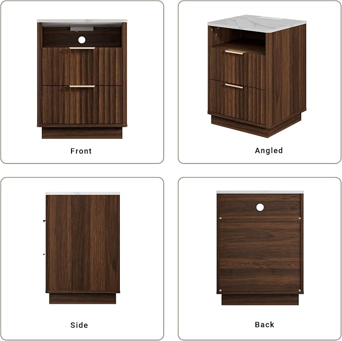 Fluted Night Stand with Charging Station, 2 Drawers End Table with Storage - Image 8