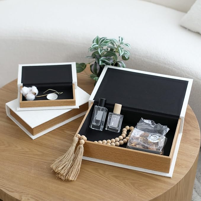 Modern Linen and Wood Decorative Faux Book Boxes Set of 3-13" - Image 6