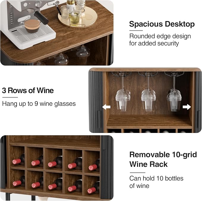 Black Coffee Bar Cabinet with Storage, Fluted Wine Liquor Cabinet with Sliding - Image 4
