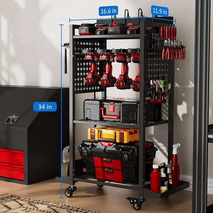 Power Tool Organizer Cart with 8 Power Outlet & Adjustable Storage, Garage - Image 7