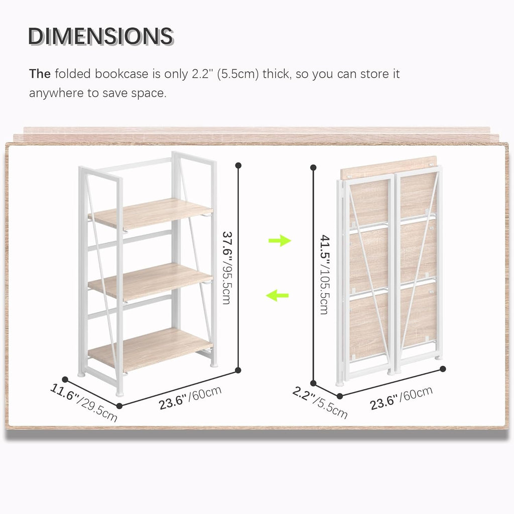 No Assembly Folding Bookshelf Storage Shelves 3 Tier Vintage Bookcase