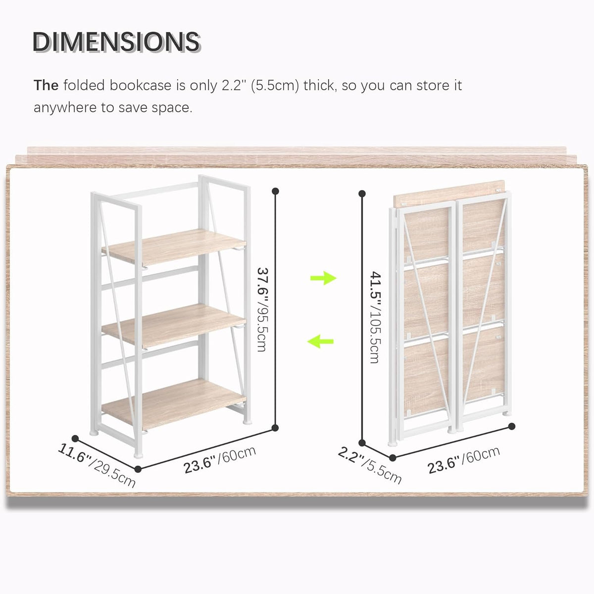 No Assembly Folding Bookshelf Storage Shelves 3 Tier Vintage Bookcase