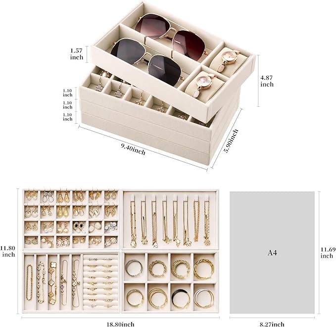 Velvet Jewelry Drawer Organizer Trays – Beige Stackable Jewelry Storage Inserts - Image 7