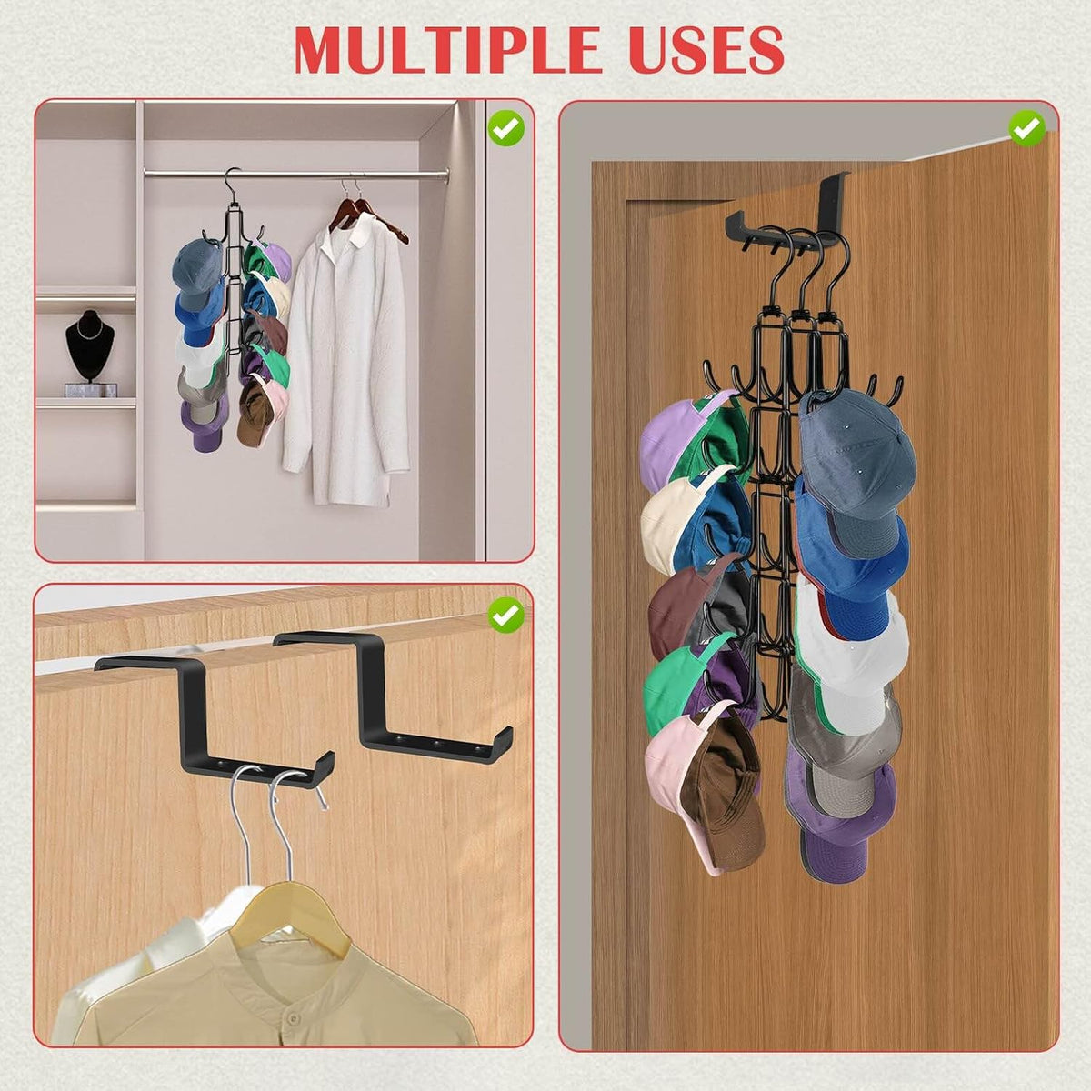 Hat Organizer for Closet: Collapsible Caps Rack with 10 Large Hooks