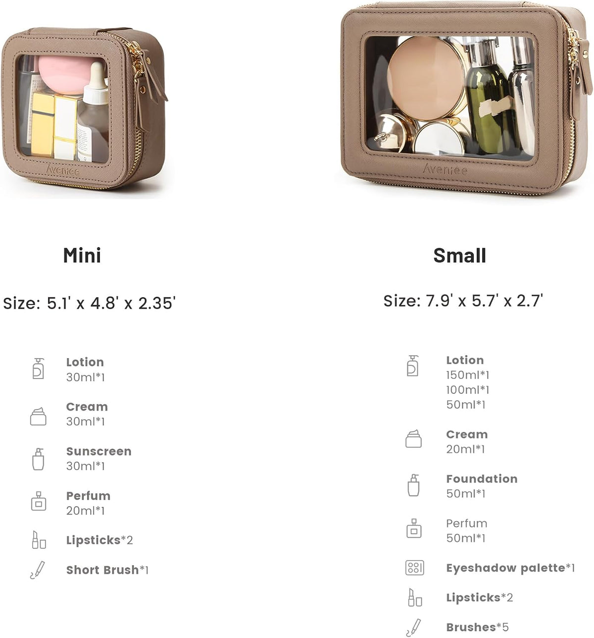 Aveniee Pink Clear Makeup Bag Set, 2-Piece Mini and Midi Pouch Taupe