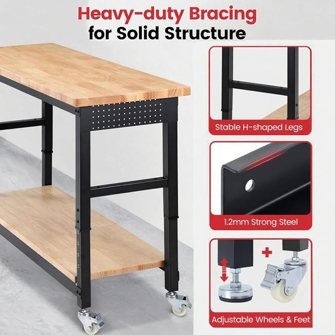 Work Bench with Double Layers 60 x 22 Inch Heavy Duty Rubberwood Tabletop Work - Image 5