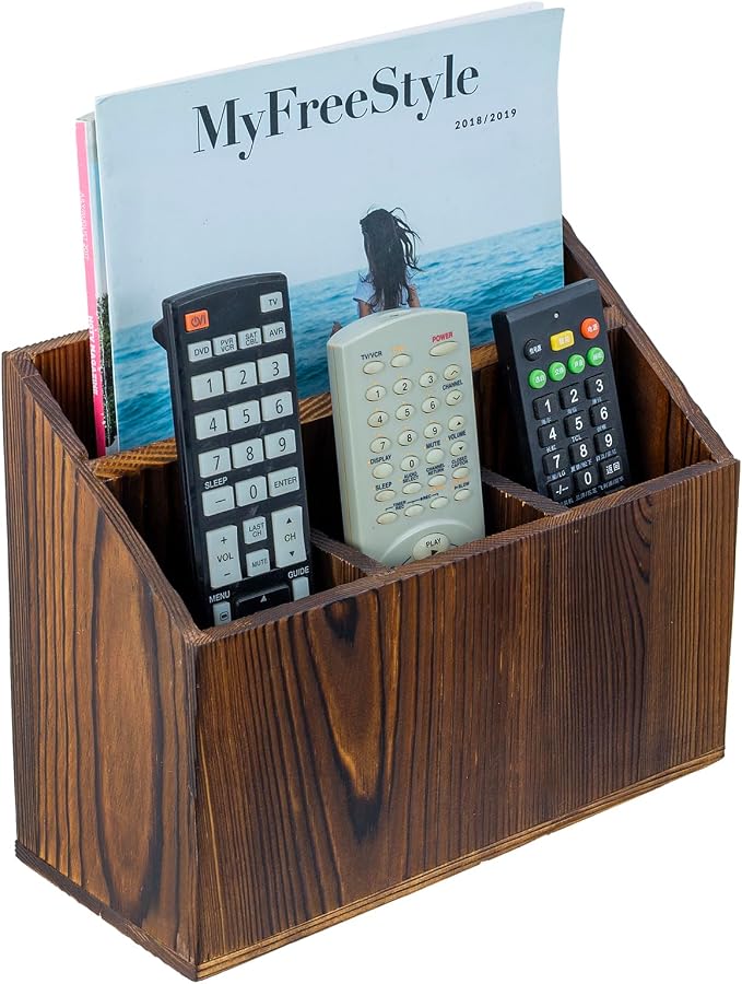MyGift Rustic Solid Wood Remote Control Holder Caddy – Tabletop Organizer by MyGiftHome