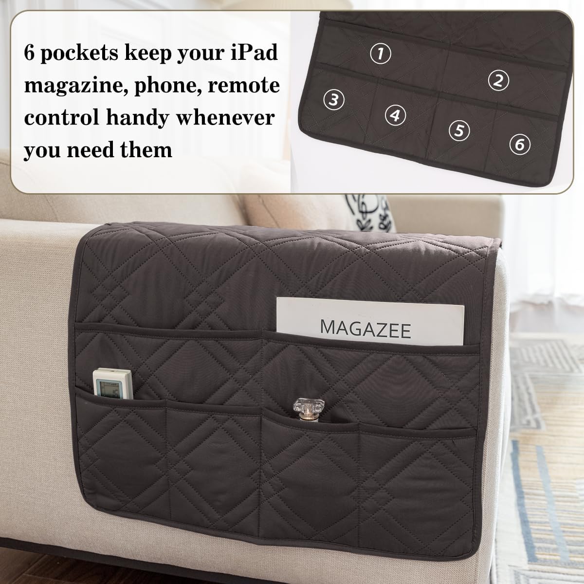Couch Armrest Organizer Remote Control Holder Bedside Caddy with 6