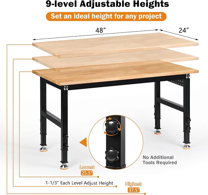 Betterhood Adjustable Height Workbench, 2000 LBS Load Capacity Hardwood - Image 2