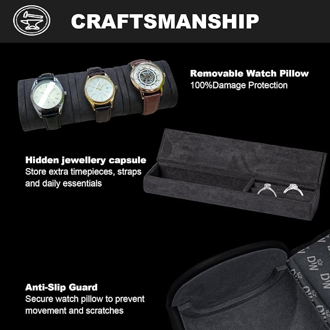 DUKWIN Watch Roll for 3 Watches, Vegan Leather Travel Watch Case Organizer - Image 3