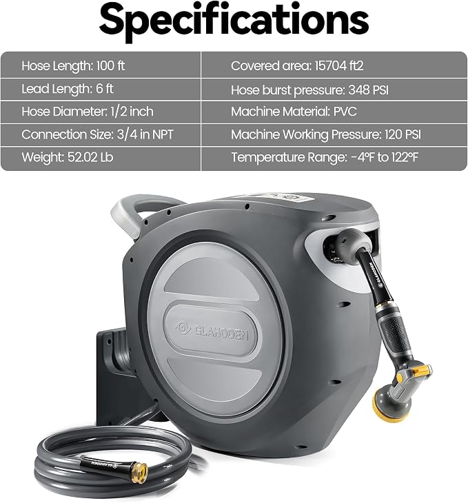 GLAHODEN Retractable Garden Hose Reel 1/2 in x 100 ft Upgraded UV Resistant - Image 9