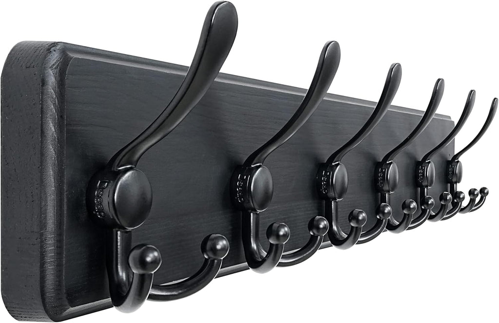 Coat Rack Wall Mounted - 24" Long 6 Tri Hooks, Heavy Duty Wooden Wall
